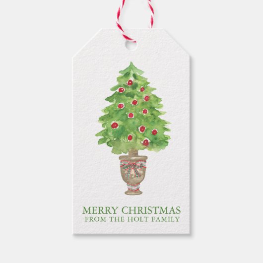 Waterverf Kerstboom Topiary Cadeaulabel (Voorkant)