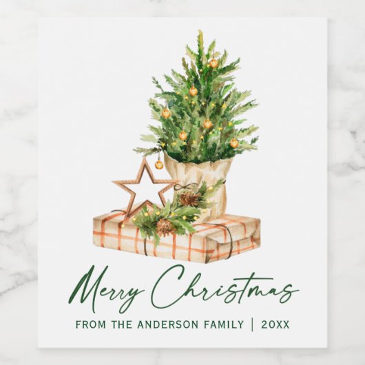 Waterverf kerstboomkalligrafie inkt script wijn etiket (Enkel label)
