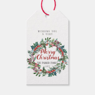 Waterverf kerstcadeau label Evergreen wreath Cadeaulabel