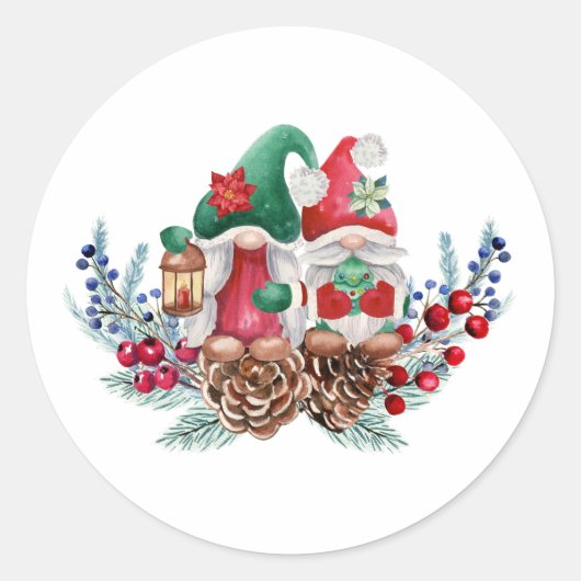Waterverf kerstgnomen ronde sticker (Voorkant)
