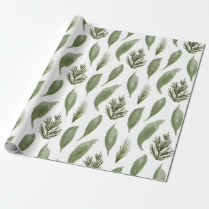 Waterverf kerstgroen bladgroen en pijnhout cadeaupapier