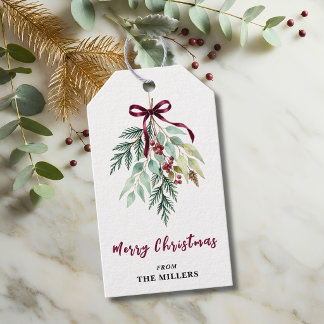 Waterverf Kerstgroen Bourgondische Lint Cadeaulabel