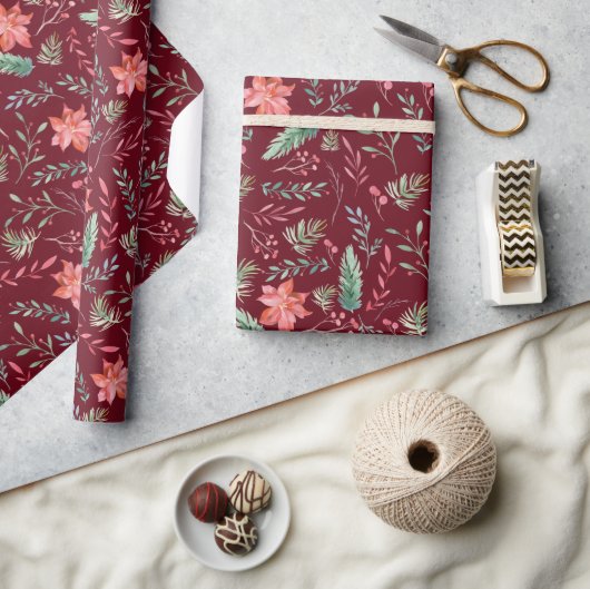 Waterverf kerstgroene rode Florals Maroon Cadeaupapier (Crafts)