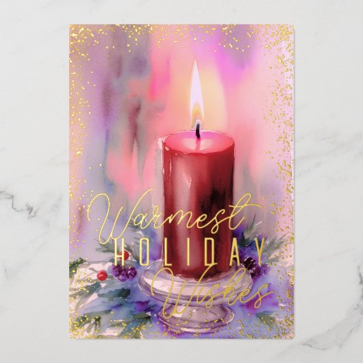 Waterverf kerstkaars bordeaux wijnmaroon folie feestdagenkaart (Voorkant)