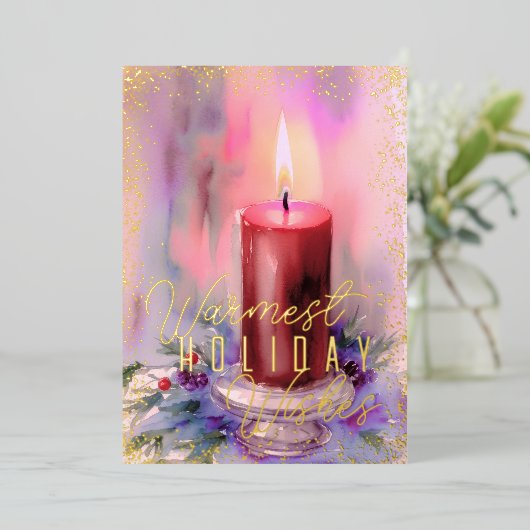 Waterverf kerstkaars bordeaux wijnmaroon folie feestdagenkaart (Staand Voorkant)
