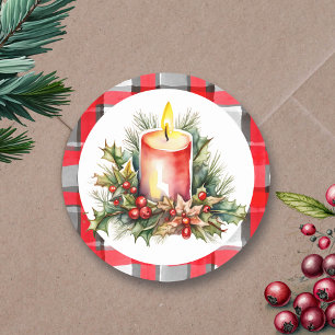Waterverf kerstkaars geruit plaid ronde sticker