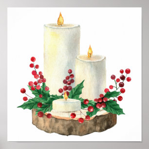 Waterverf kerstkaarsen Berries Leaves Poster