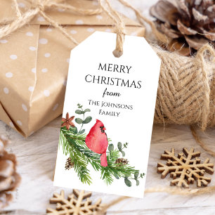 Waterverf kerstkardinaalvogelboom cadeaulabel