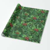 Waterverf Kerstkerst Holly Berries Cadeaupapier (Uitgerold)