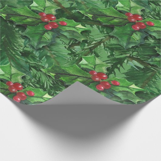Waterverf Kerstkerst Holly Berries Cadeaupapier (Hoek)