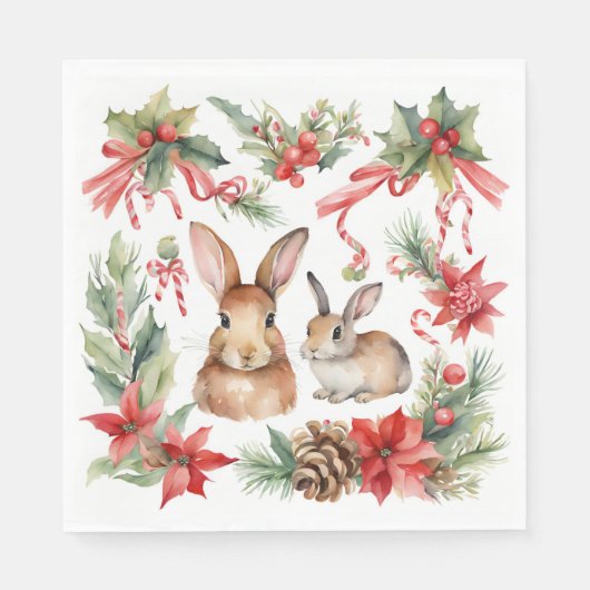 Waterverf Kerstkonijnen Rood Goud Bloem Servet (Voorkant)