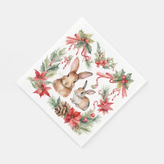 Waterverf Kerstkonijnen Rood Goud Bloem Servet (Hoek)