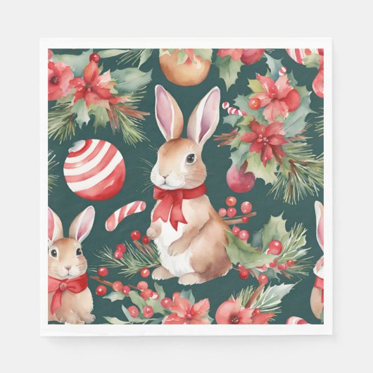 Waterverf Kerstkonijnen Rood Goud Bloem Servet (Voorkant)