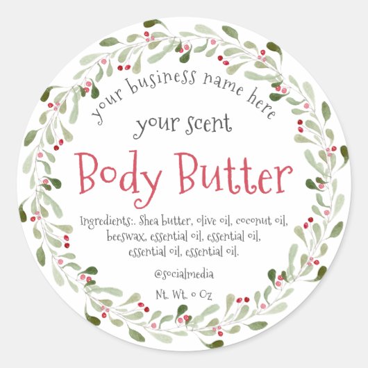 waterverf kerstkrans body boter ronde sticker (Voorkant)