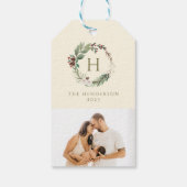 Waterverf Kerstkrans Familie Monogram Foto Cadeaulabel (Achterkant)