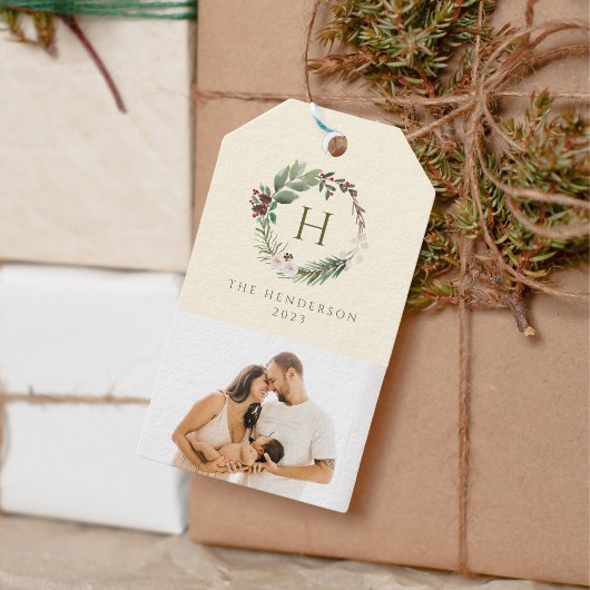 Waterverf Kerstkrans Familie Monogram Foto Cadeaulabel