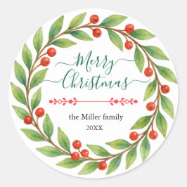 Waterverf kerstkrans met aangepaste tekst ronde sticker