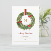 Waterverf kerstkrans met monogram feestdagenkaart (Staand voorkant)