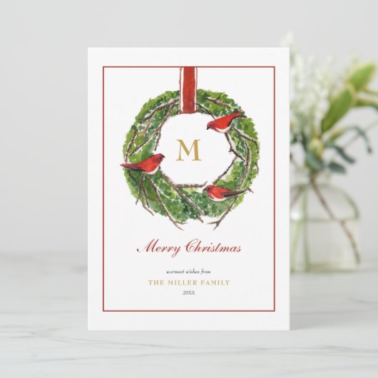 Waterverf kerstkrans met monogram feestdagenkaart (Staand voorkant)