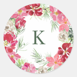 Waterverf Kerstkrans Monogram Initiaal Ronde Sticker