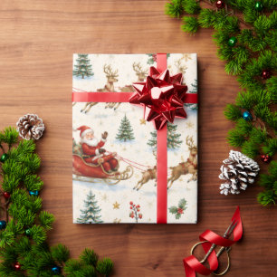 Waterverf Kerstman & Rendier Kerst Cadeaupapier