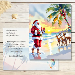 Waterverf Kerstman & Rendieren op het Strand Kerst Feestdagenkaart