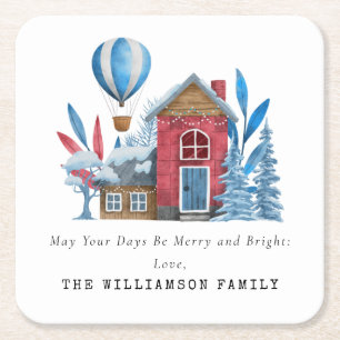  WATERVERF KERSTMIS GEPERSONALISEERDE FAMILIE VIERKANTE KARTONNEN ONDERZETTER