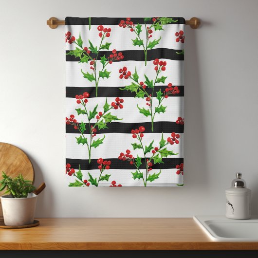 Waterverf Kerstmis Holly Modern Stripe Patroon Theedoek