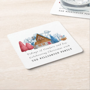  WATERVERF KERSTMIS HUIS FAMILIE PAPIER VIERKANTE KARTONNEN ONDERZETTER