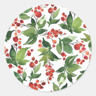 Waterverf Kerstmis Hulst Patroon Ronde Sticker