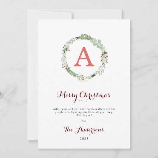 Waterverf kerstmis met moderne monogram feestdagenkaart (Voorkant)