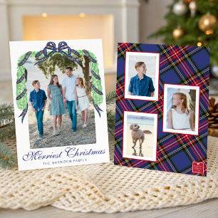 Waterverf Kerstmis Plaid Boog Guirlande Swag Foto Feestdagenkaart