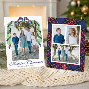 Waterverf Kerstmis Plaid Boog Guirlande Swag Foto Feestdagenkaart