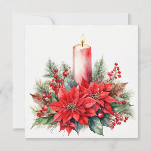Waterverf Kerstmis Poinsettia Bloemen, Bessen Feestdagenkaart