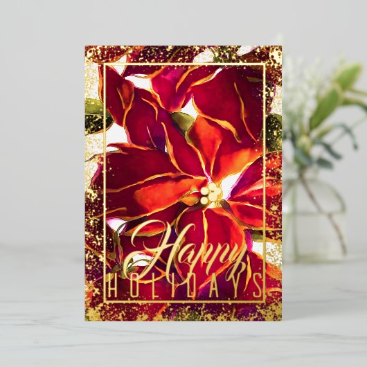 Waterverf Kerstmis Poinsettia Bourgondië Plum Folie Feestdagenkaart (Staand Voorkant)