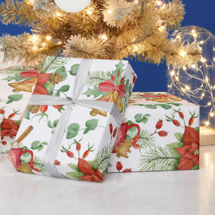 Waterverf Kerstmis Poinsettia en rode kardinaal Cadeaupapier