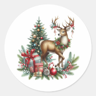 Waterverf Kerstmis rendieren Ronde Sticker