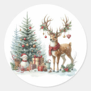 Waterverf Kerstmis rendieren Ronde Sticker