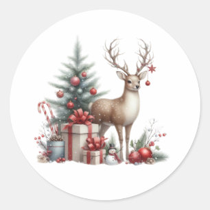 Waterverf Kerstmis rendieren Ronde Sticker
