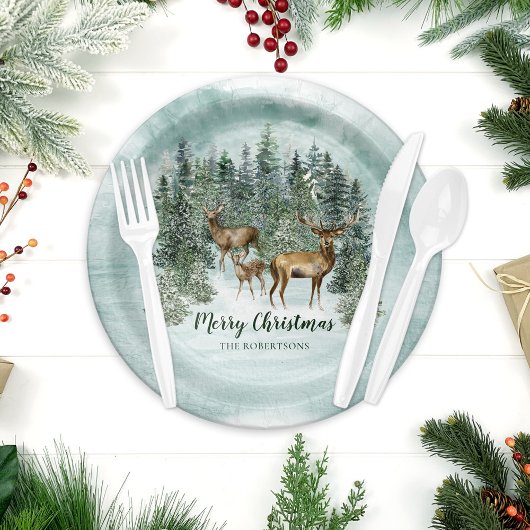 Waterverf Kerstmis Rustic Forest Deer Papieren Bordje