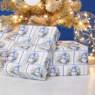 Waterverf Kerstmis Sneeuwmannen In Sneeuwvlokken Cadeaupapier