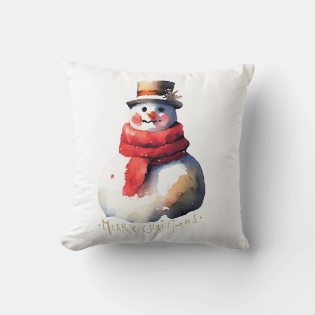 Waterverf Kerstmis Snowman Kussen (Voorkant)