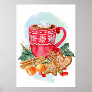 Waterverf Kerstmis, warme chocolade Marshmallow Poster