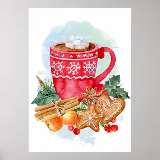 Waterverf Kerstmis, warme chocolade Marshmallow Poster (Voorkant)