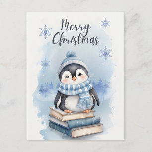 Waterverf kerstpinguïn feestdagenkaart