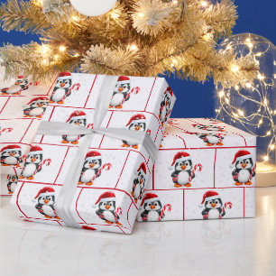 Waterverf kerstpinguïns in sneeuwvlokken cadeaupapier