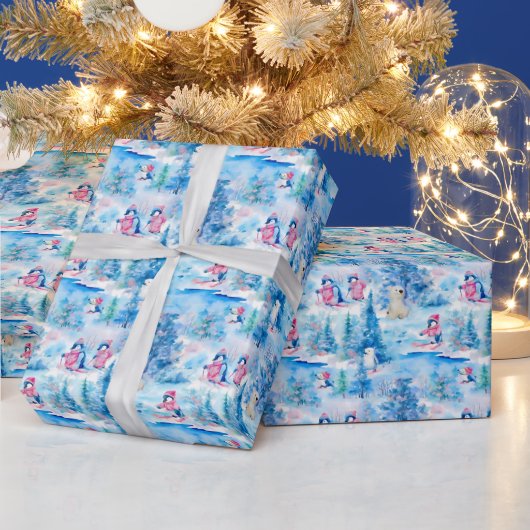 Waterverf Kerstpinguïns & Polar Beren Cadeaupapier (Feestdagen)