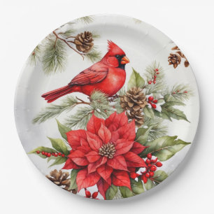 Waterverf Kerstrode kardinaal en Poinsettia Papieren Bordje