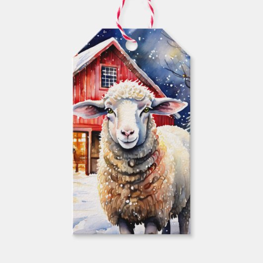  Waterverf kerstschapen en rustieke schuur Cadeaulabel (Voorkant)