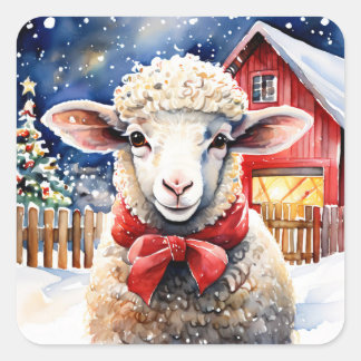 Waterverf kerstschapen en rustieke schuur Vierkante Sticker